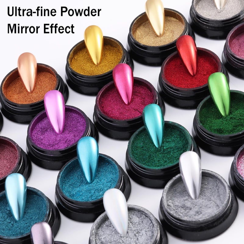 FSpronail 24 Colors Chrome Nail Powder Kit Mirror Effect Gold Silver Red Green Black Metallic Chrome Powder for Nails with Silicone Pen Applicator Brush Extra Fine Glitter Powder Manicure Supplies - Image 4
