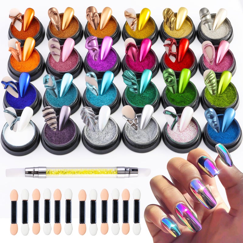 FSpronail 24 Colors Chrome Nail Powder Kit Mirror Effect Gold Silver Red Green Black Metallic Chrome Powder for Nails with Silicone Pen Applicator Brush Extra Fine Glitter Powder Manicure Supplies - Image 1