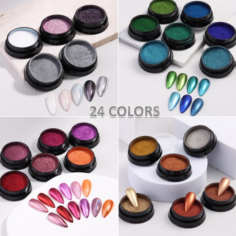 FSpronail 24 Colors Chrome Nail Powder Kit Mirror Effect Gold Silver Red Green Black Metallic Chrome Powder for Nails with Silicone Pen Applicator Brush Extra Fine Glitter Powder Manicure Supplies - Image 3