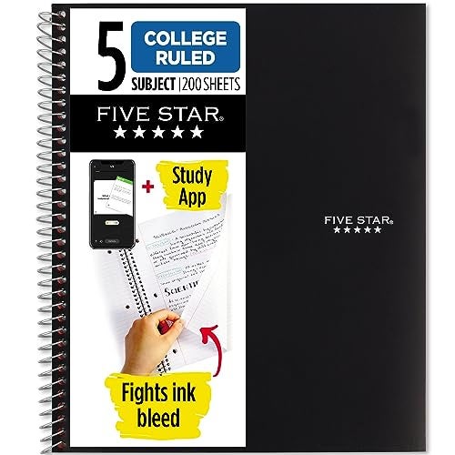 Five Star Spiral Notebook Study App 5 Subject College Ruled Paper 812 x 11 200 Sheets Fights Ink Bleed Water Resistant Cover Black 72081