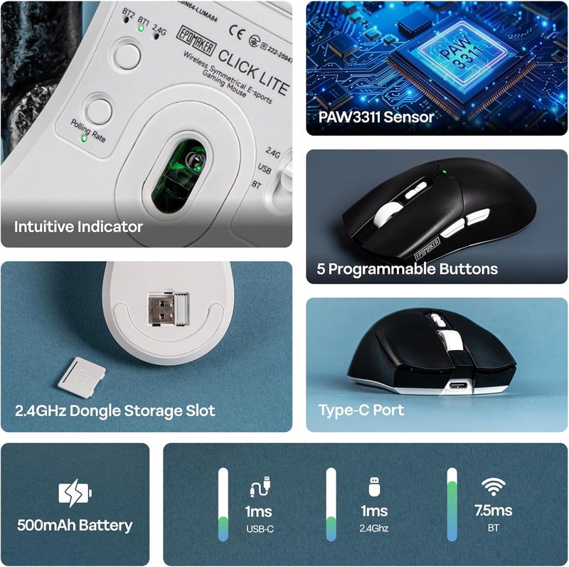 EPOMAKER Click Lite Wireless Gaming Mouse, 800 to 12,000 DPI Adjustable, PAW3311 Sensor, 500mAh, 59g, 2.4G/Bluetooth/USB-C Rechargeable with 5 Programmable Buttons for PC/Mac/Linux (Black) - Image 3