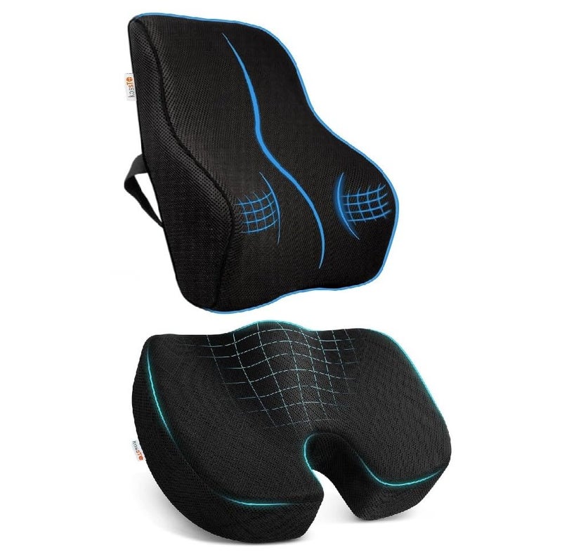 kossto kossto Ultimate Pro Seat Cushion Backrest Cushion Combo Relieves Back Coccyx Pain Memory Foam for Orthopedic Support for Long Sitting Hours on OfficeHome Chair with 2 Years Warranty Black - Image 1