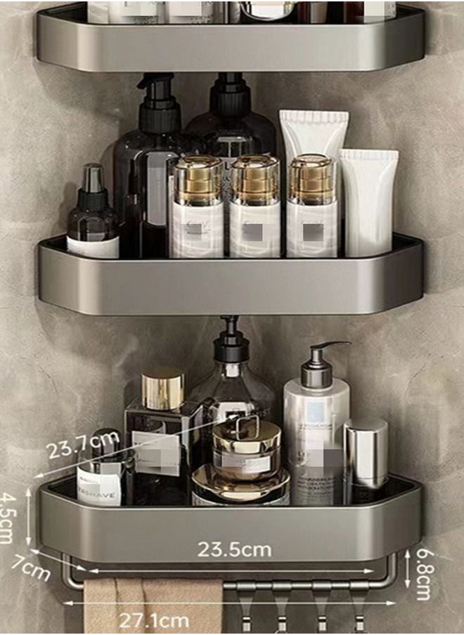 Kutis - 3-Pieces Set Bathroom Triangle Shelving Shower Room Toilet Corner Triangular Basket Wall Hanging Perforation-Free Storage Rack with Hooks Grey 27.1 x 23.7 x 4.5 Centimeter - Image 1