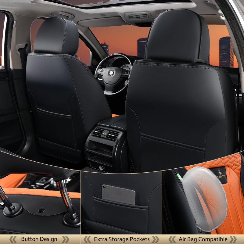FLORICH Seat Covers for Cars, Waterproof Automotive Seat Covers, Leather Car Seat Covers 2 Pack, Universal Front Seat Cushion Protector for Most Cars Trucks SUV-Black&Orange - Image 2