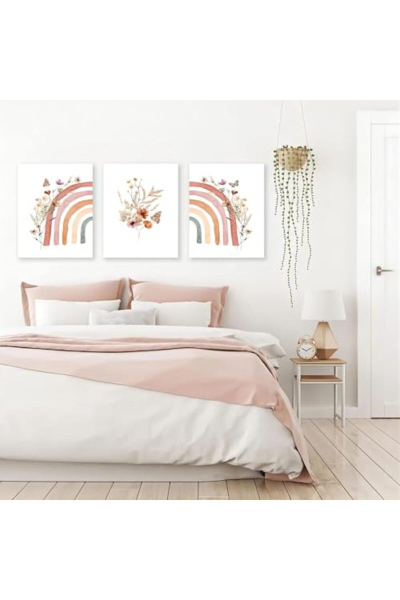 KBKBART Boho Rainbow Wall Art Prints Set of 3, Cute Wildflowers Rainbow Boho Nursery Wall Decor for Girls, Framed Canvas Wall Art Posters for Kids Room, Baby Room, Classroom, Bedroom Decor (12"x16", Colorful) - Image 5