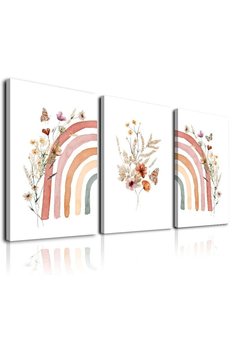 KBKBART Boho Rainbow Wall Art Prints Set of 3, Cute Wildflowers Rainbow Boho Nursery Wall Decor for Girls, Framed Canvas Wall Art Posters for Kids Room, Baby Room, Classroom, Bedroom Decor (12"x16", Colorful) - Image 3