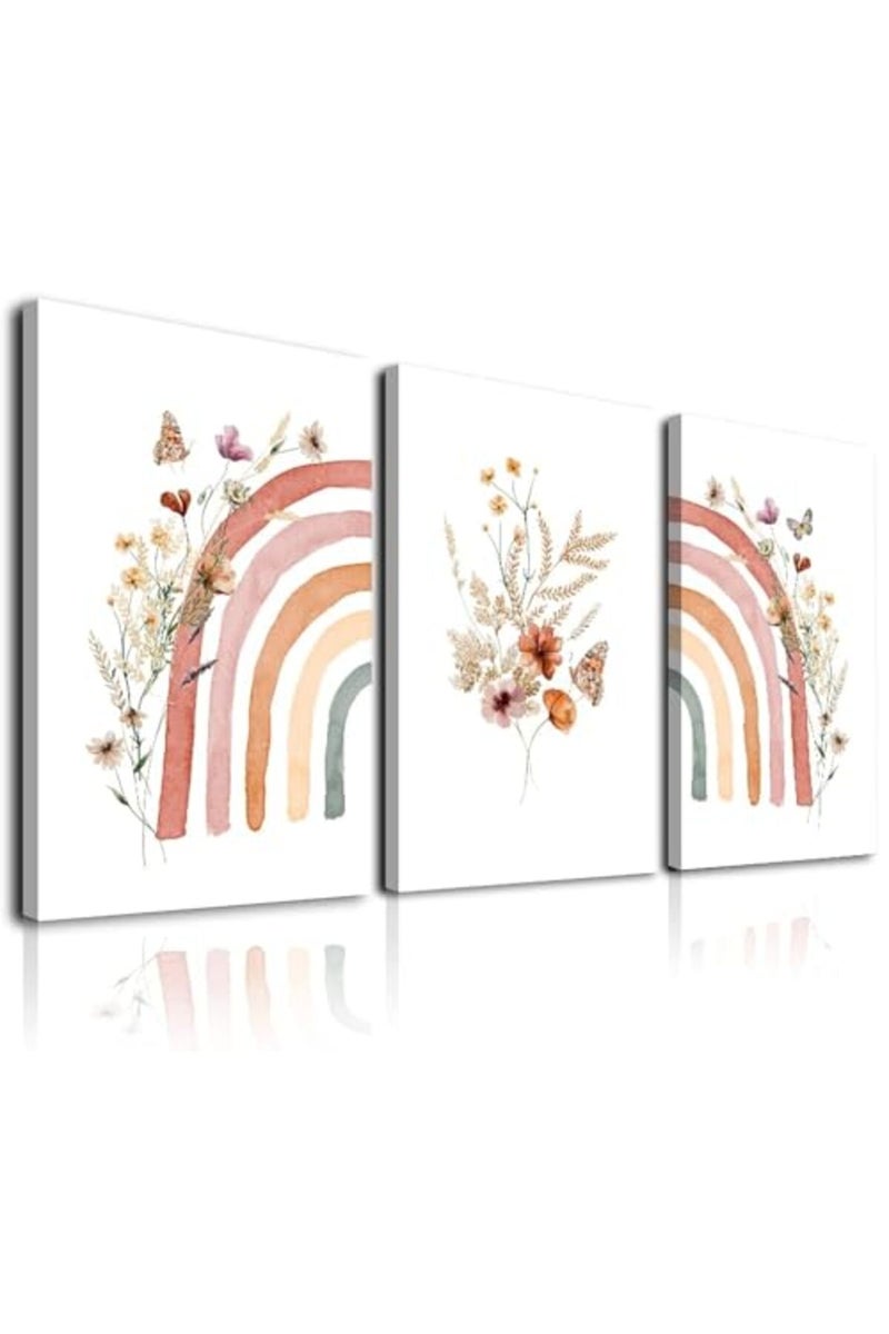 KBKBART Boho Rainbow Wall Art Prints Set of 3, Cute Wildflowers Rainbow Boho Nursery Wall Decor for Girls, Framed Canvas Wall Art Posters for Kids Room, Baby Room, Classroom, Bedroom Decor (12"x16", Colorful) - Image 2