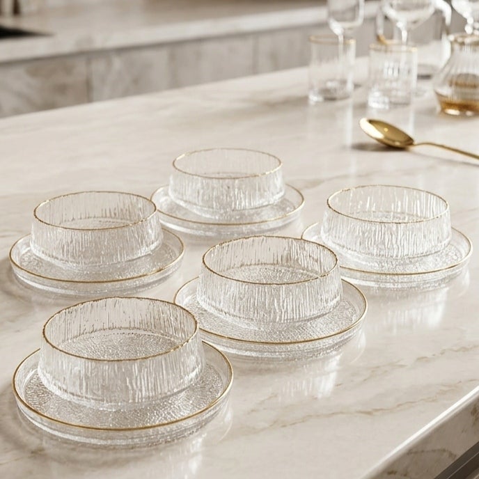 12-piece ribbed glass compote set with gold lettering