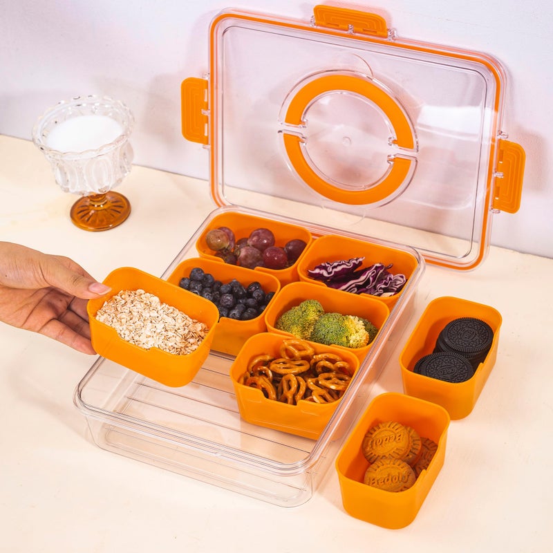 WACOI Divided Snack Serving Tray with Lid and Handle Travel Snackle Charcuterie Container Portable Storage Organizer for Candy, Fruits, Nuts, Snacks, Party, Picnic (1pack, Orange) - Image 3