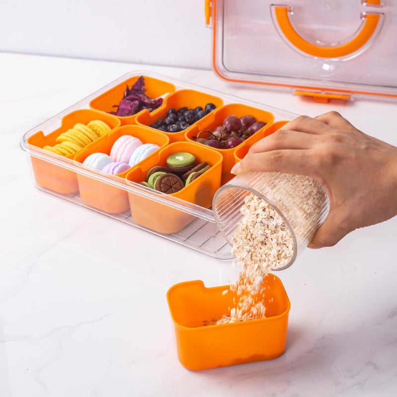 WACOI Divided Snack Serving Tray with Lid and Handle Travel Snackle Charcuterie Container Portable Storage Organizer for Candy, Fruits, Nuts, Snacks, Party, Picnic (1pack, Orange) - Image 5