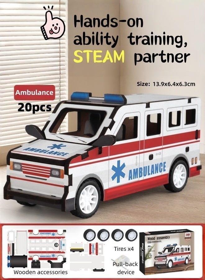 سعودي سيليكت لعبة سيارة إسعاف خشبية ثلاثية الأبعاد جذابة - مجموعة تجميع نموذجية ممتعة لتعلم العلوم والتكنولوجيا والهندسة والرياضيات - Image 1