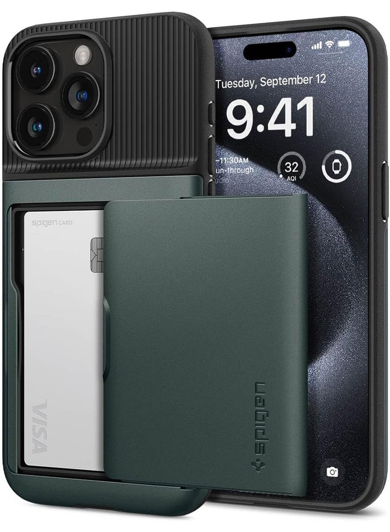 Spigen Slim Armor CS for iPhone 15 Pro Max Case Cover with Card Holder Slot - Abyss Green