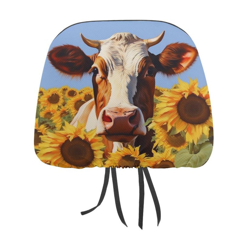 Universal Car Headrest Covers 2 PCS Sunflower Cow Painting Soft Elastic Protector - Image 2