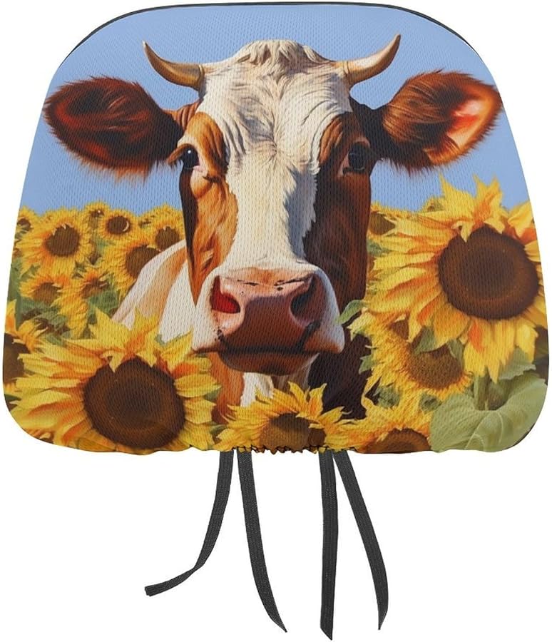 Universal Car Headrest Covers 2 PCS Sunflower Cow Painting Soft Elastic Protector - Image 1