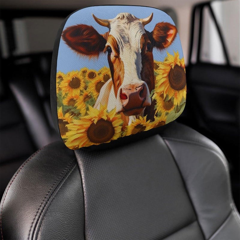 Universal Car Headrest Covers 2 PCS Sunflower Cow Painting Soft Elastic Protector - Image 5