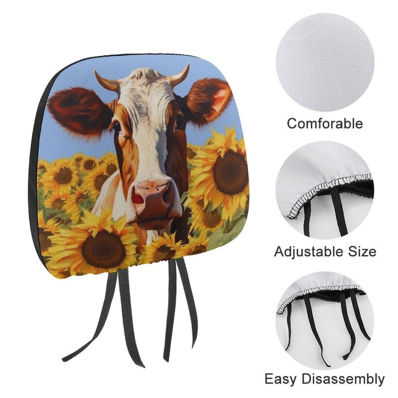 Universal Car Headrest Covers 2 PCS Sunflower Cow Painting Soft Elastic Protector - Image 4