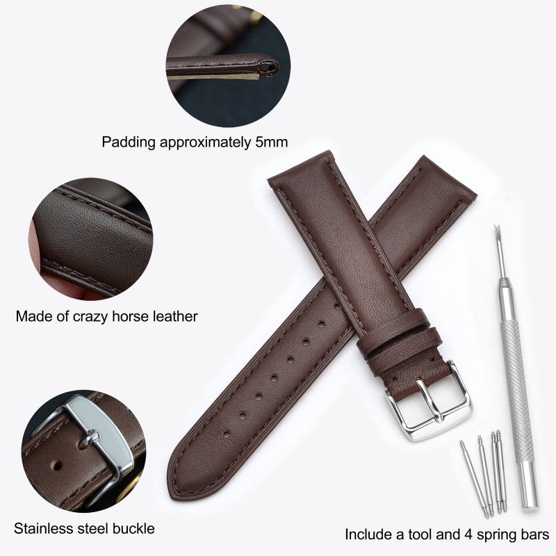 WOCCI 18mm Vintage Leather Watch Band for Men and Women, Silver Buckle (Dark Brown) - Image 4
