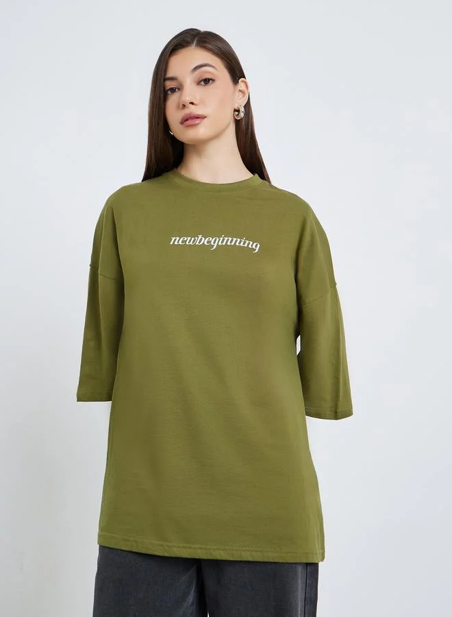 Women Olive Slogan Print Oversized T-Shirt