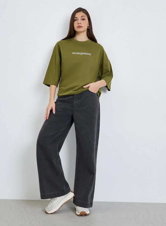 Styli Women Olive Slogan Print Oversized T-Shirt