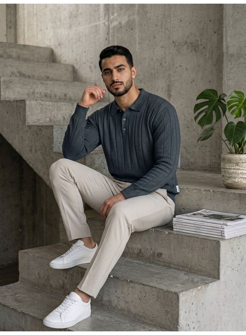 Hikes Men’s Premium Ribbed Knit Polo Shirt – Long Sleeve, Soft & Breathable, Elegant Casual Wear - Image 3