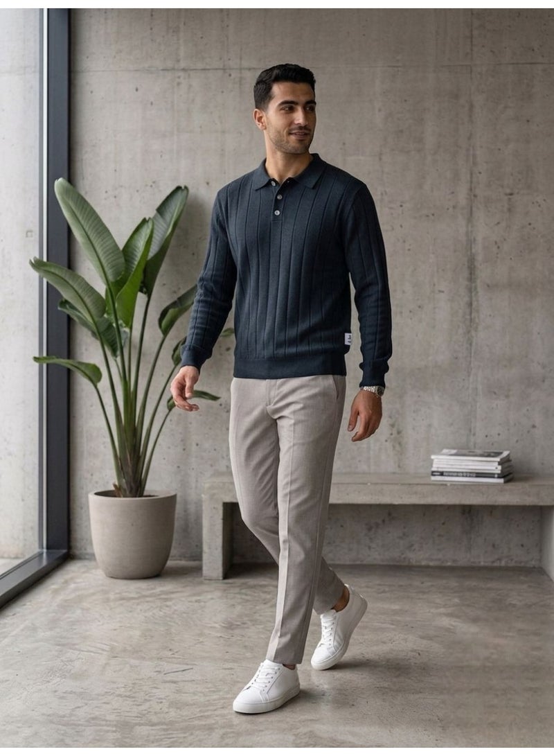 Hikes Men’s Premium Ribbed Knit Polo Shirt – Long Sleeve, Soft & Breathable, Elegant Casual Wear - Image 4