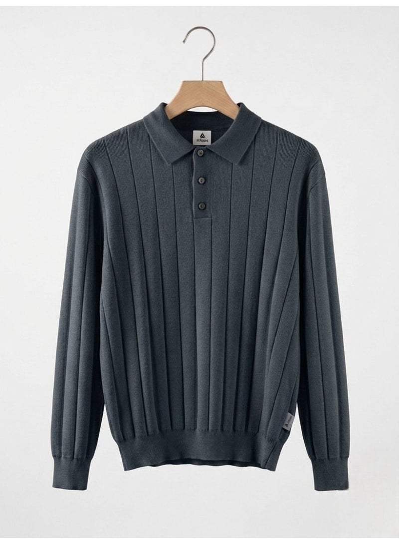 Hikes Men’s Premium Ribbed Knit Polo Shirt – Long Sleeve, Soft & Breathable, Elegant Casual Wear - Image 5