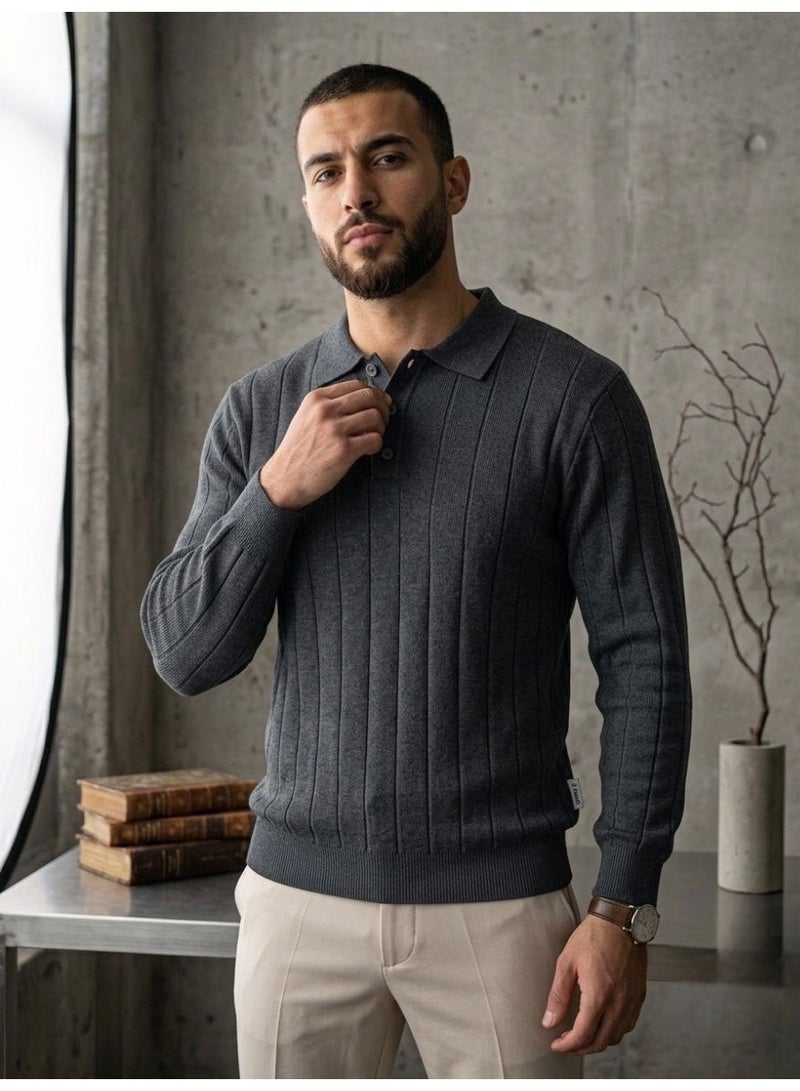 Hikes Men’s Premium Ribbed Knit Polo Shirt – Long Sleeve, Soft & Breathable, Elegant Casual Wear - Image 1