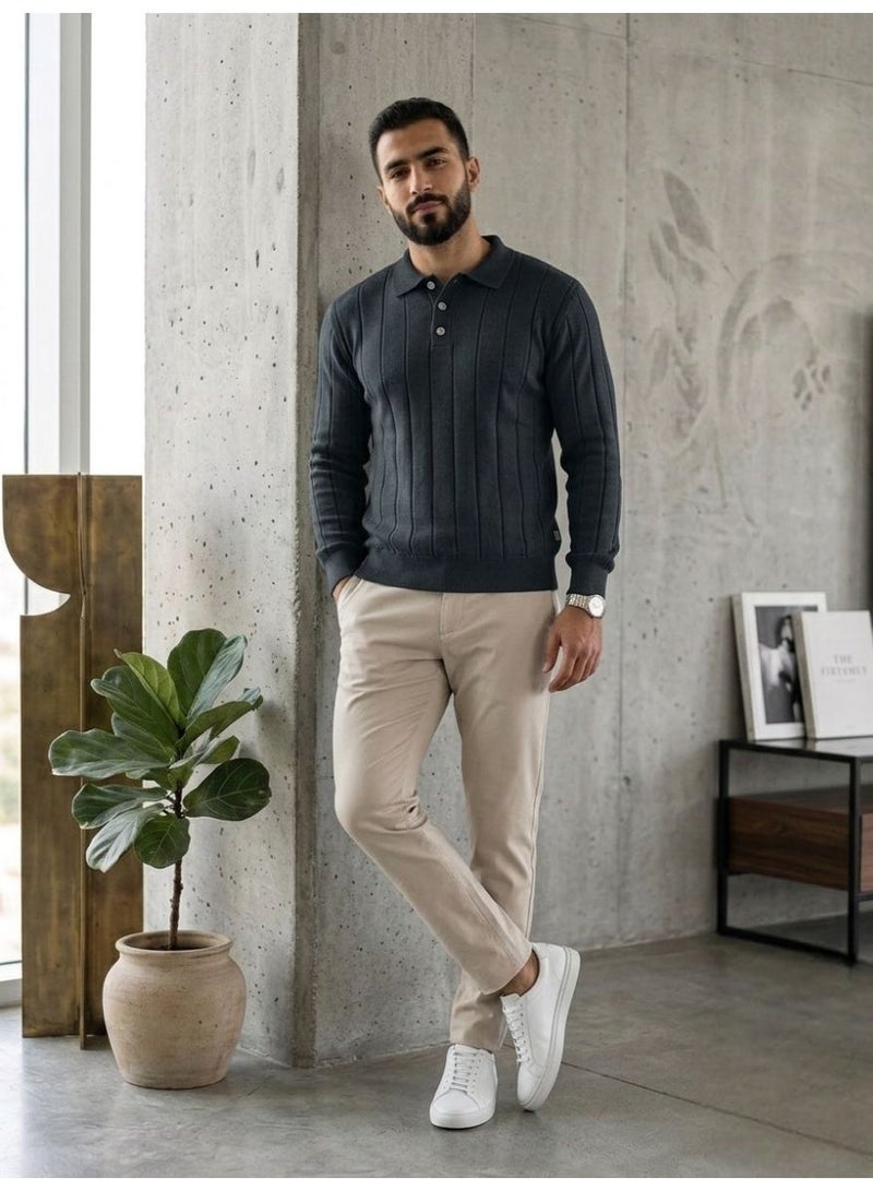 Hikes Men’s Premium Ribbed Knit Polo Shirt – Long Sleeve, Soft & Breathable, Elegant Casual Wear - Image 2