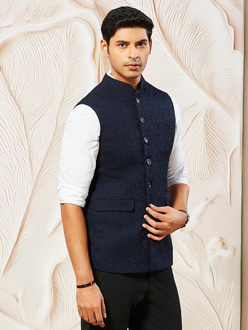 VASTRAMAY Men's Navy Blue - Nehru Jacket, Silk Blend Emboss Fabric nehru jacket For Men, Traditional Indian Festive & Ethnic Wear - Image 3
