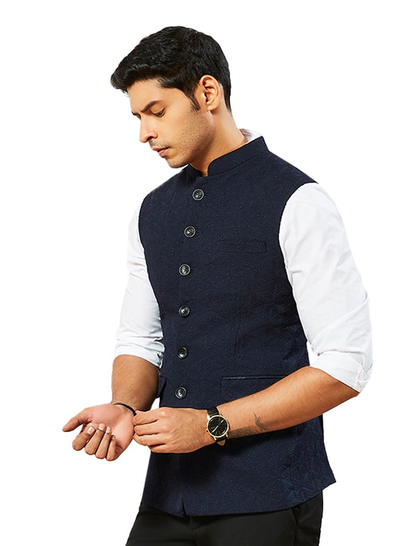 VASTRAMAY Men's Navy Blue - Nehru Jacket, Silk Blend Emboss Fabric nehru jacket For Men, Traditional Indian Festive & Ethnic Wear - Image 1