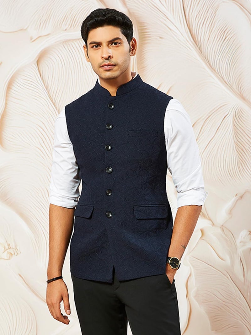 VASTRAMAY Men's Navy Blue - Nehru Jacket, Silk Blend Emboss Fabric nehru jacket For Men, Traditional Indian Festive & Ethnic Wear - Image 2