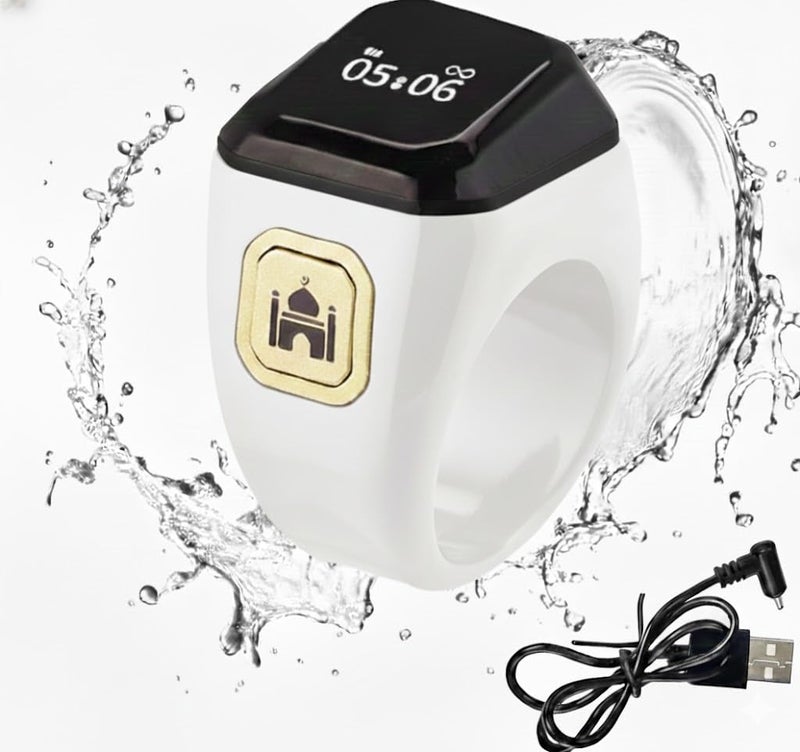 Tasbih Zikr Ring, Digital Prayer Ring, OLED Display Tasbih Counter, Wearable Technology, Waterproof, USB Rechargeable, White, 18MM - Image 1