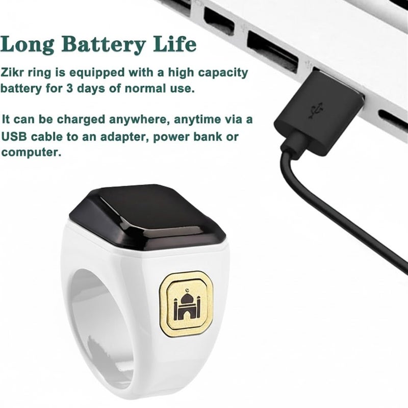 Tasbih Zikr Ring, Digital Prayer Ring, OLED Display Tasbih Counter, Wearable Technology, Waterproof, USB Rechargeable, White, 18MM - Image 2