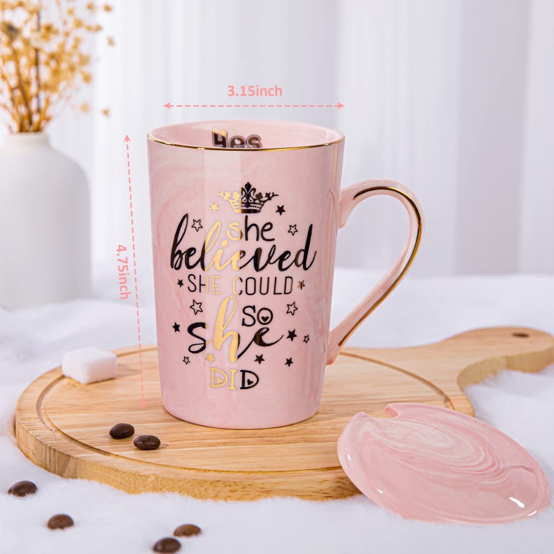 ALBISS Graduation Gifts for Her 2026 - She Believed She Could So She Did Mug - Valentines Spiritual Motivational Congratulations Gifts for Women, 14oz Pink Ceramic Marble Gold Print Coffee Cup, Nicely Boxed - Image 1