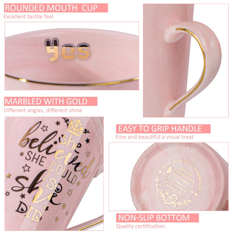 ALBISS Graduation Gifts for Her 2026 - She Believed She Could So She Did Mug - Valentines Spiritual Motivational Congratulations Gifts for Women, 14oz Pink Ceramic Marble Gold Print Coffee Cup, Nicely Boxed - Image 2