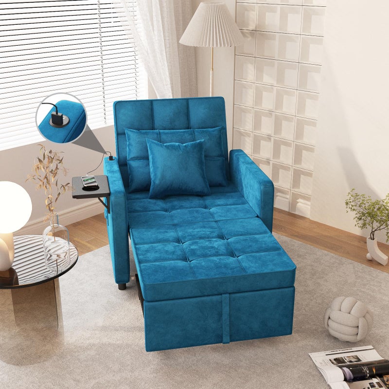 Vabches 3in1 Sofa Bed with Wing Table and USB Ports Velvet Sleeper Chair with Adjustable Backrest Easy Assembly Blue