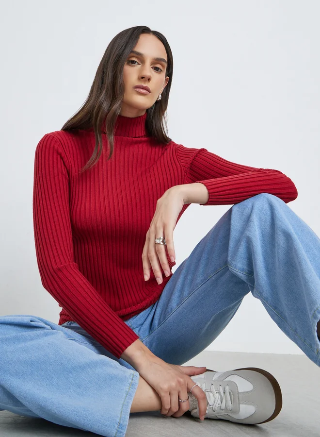 Styli Styli Turtle Neck Ribbed Long Sleeve Top