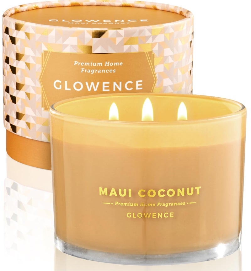 Glowence Luxury Coconut Scented Candle - Large 3 Wick Jar Candle - Elegant Gift for Women & Men - 100% Natural Soy Wax - Up to 40 Hours Burning Time - Housewarming Aromatherapy Candle for Home - Image 1