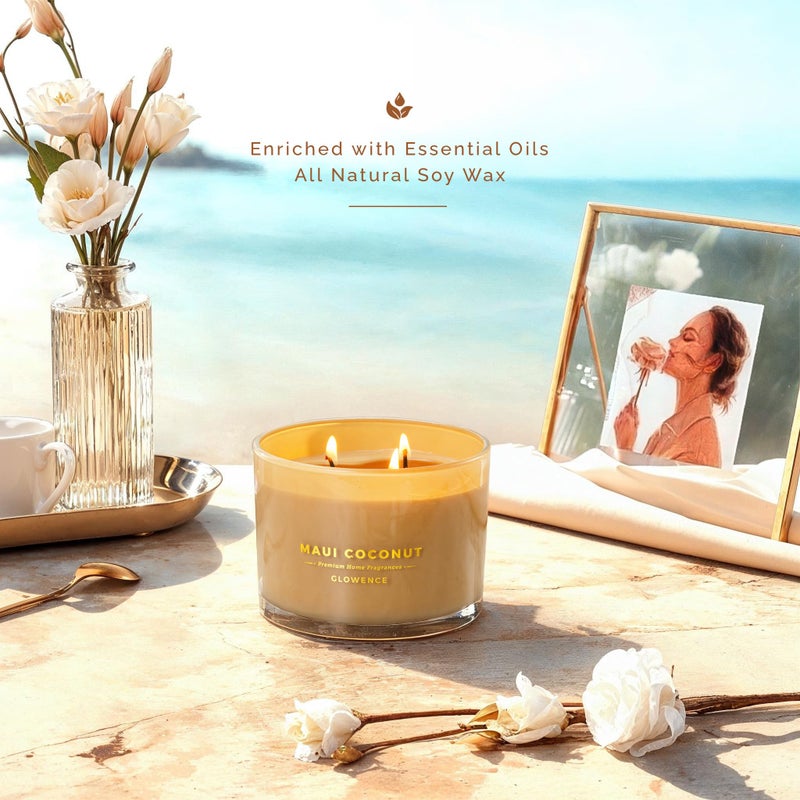 Glowence Luxury Coconut Scented Candle - Large 3 Wick Jar Candle - Elegant Gift for Women & Men - 100% Natural Soy Wax - Up to 40 Hours Burning Time - Housewarming Aromatherapy Candle for Home - Image 2