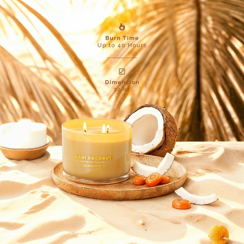 Glowence Luxury Coconut Scented Candle - Large 3 Wick Jar Candle - Elegant Gift for Women & Men - 100% Natural Soy Wax - Up to 40 Hours Burning Time - Housewarming Aromatherapy Candle for Home - Image 4