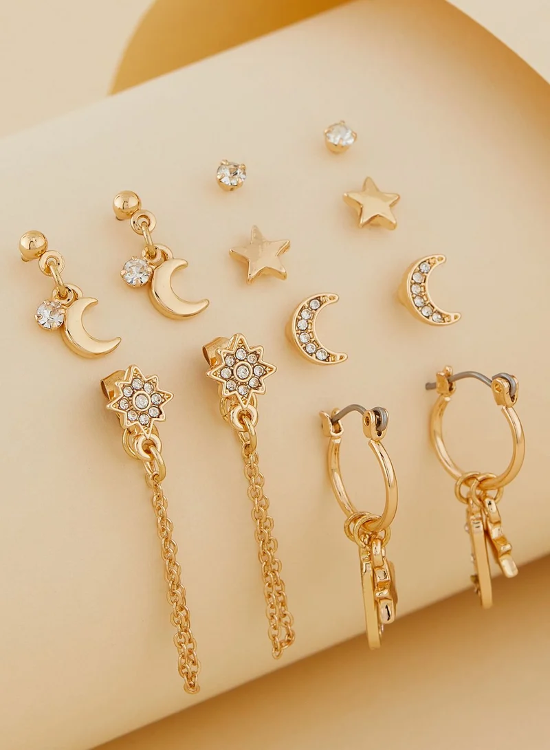 Ginger Pack Of 6 Diamante Star And Moon Earrings