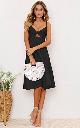 ECOWISH Women 2024 Summer Dresses Tie Front V-Neck Spaghetti Strap Button Down A-Line Backless Swing Midi Dress 572 Black L - Image 3