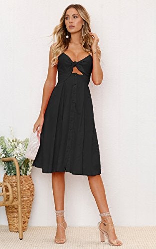 ECOWISH Women 2024 Summer Dresses Tie Front V-Neck Spaghetti Strap Button Down A-Line Backless Swing Midi Dress 572 Black L - Image 2