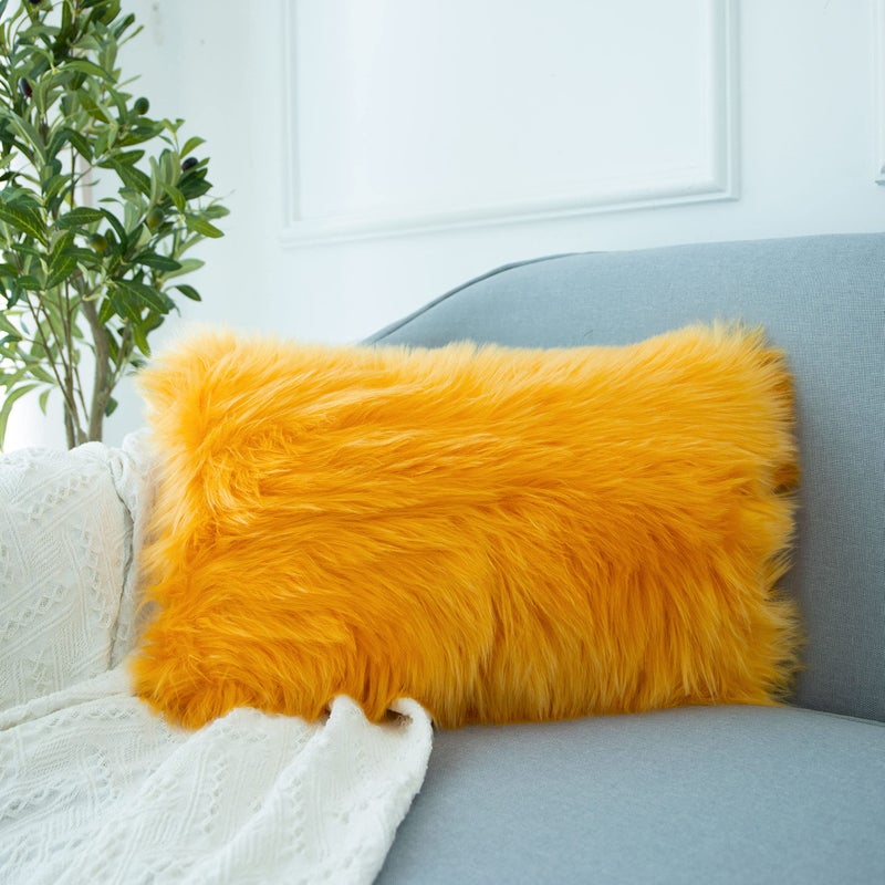 LIGICKY Decorative Lumbar Soft Faux Fur Throw Pillow Cover Luxury Series Rectangle Plush Pillow Case Cushion Cover for Couch Sofa Bed 12 x 20 Camel