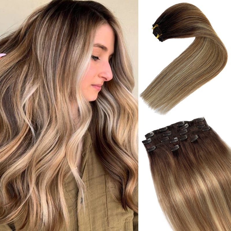 Clip in Hair Extensions Human Hair 70g 7pcs Balayage Walnut Brown to Ash Brown and Medium Blonde Remy Human Hair Extensions 12 Inch Straight Seamless Clip ins Hair Extensions Real Human Hair