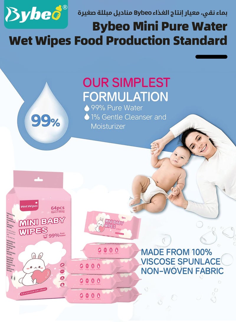 Bybeo Baby Wipes, 99% Pure Water Wipes, Alcohol and Paraben Free, Ultra Soft & Gentle Wet Wipes for Sensitive & Delicate Skin, Portable Mini Individual Package for Travel and Outdoors, 64 Pack x 8 (512 Wipes) - Image 2