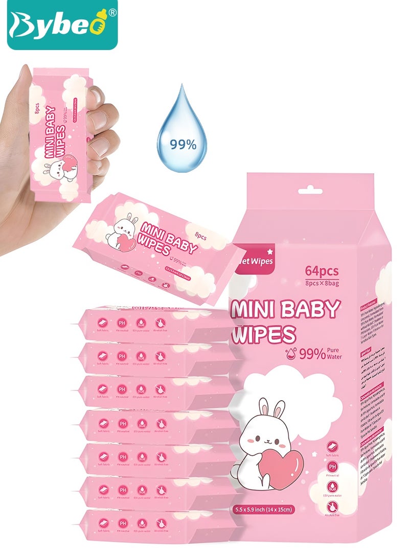 Bybeo Baby Wipes, 99% Pure Water Wipes, Alcohol and Paraben Free, Ultra Soft & Gentle Wet Wipes for Sensitive & Delicate Skin, Portable Mini Individual Package for Travel and Outdoors, 64 Pack x 8 (512 Wipes) - Image 1