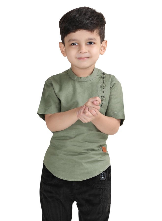 POLKA TOTS Traditional Ethnic Wear for Kids, Cotton Woven Soild with Half Sleeves Single Cotton Kurta for Boys - Green - 6-12 M