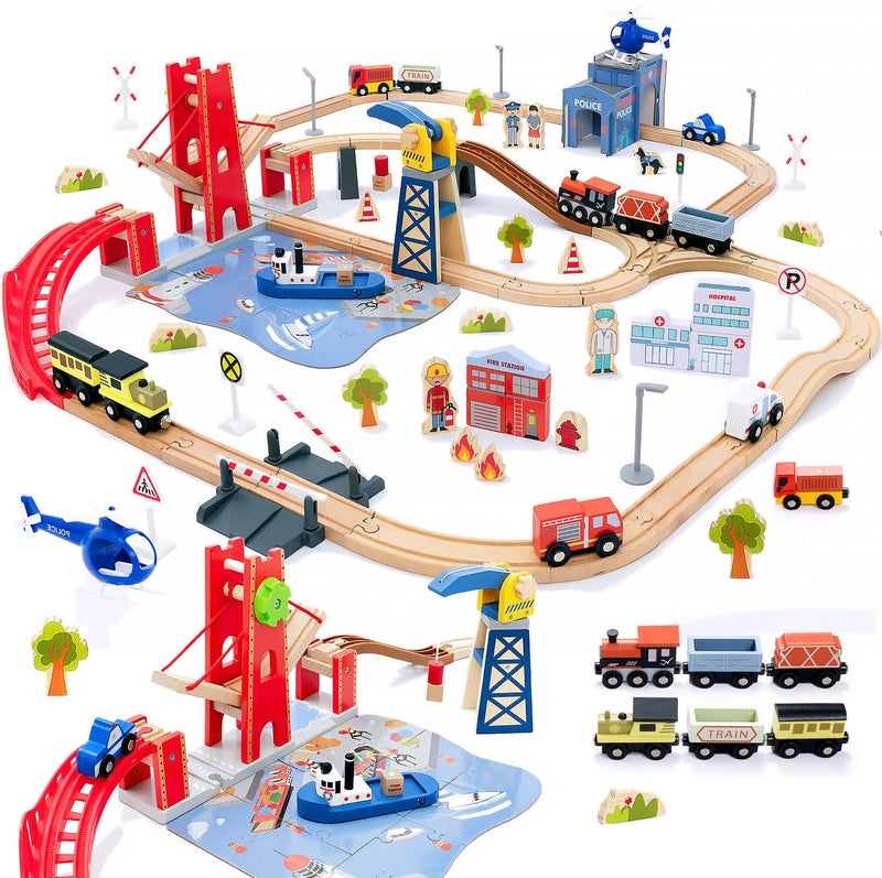 Giant bean 117 Pcs Busy Port City Wooden Train Set for Kids Expandable  Changeable Wooden Train Track Set Toy for Boys  Girls Ages 314 - Image 2