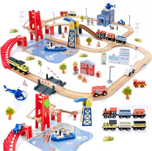 Giant bean 117 Pcs Busy Port City Wooden Train Set for Kids Expandable  Changeable Wooden Train Track Set Toy for Boys  Girls Ages 314 - Image 1